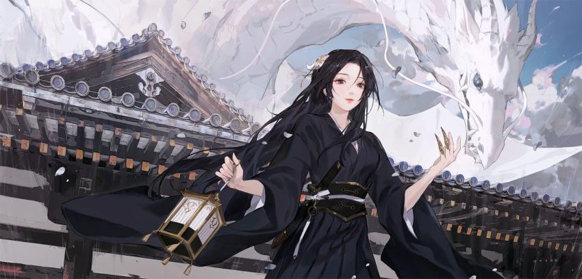 1girl architecture black_hair claw_ring day dragon east_asian_architecture hair_ornament highres holding holding_lantern japanese_architecture japanese_clothes kimono lantern long_hair original sheath sheathed short_sword sword temple weapon white_scales wide_sleeves yueko_(jiayue_wu)