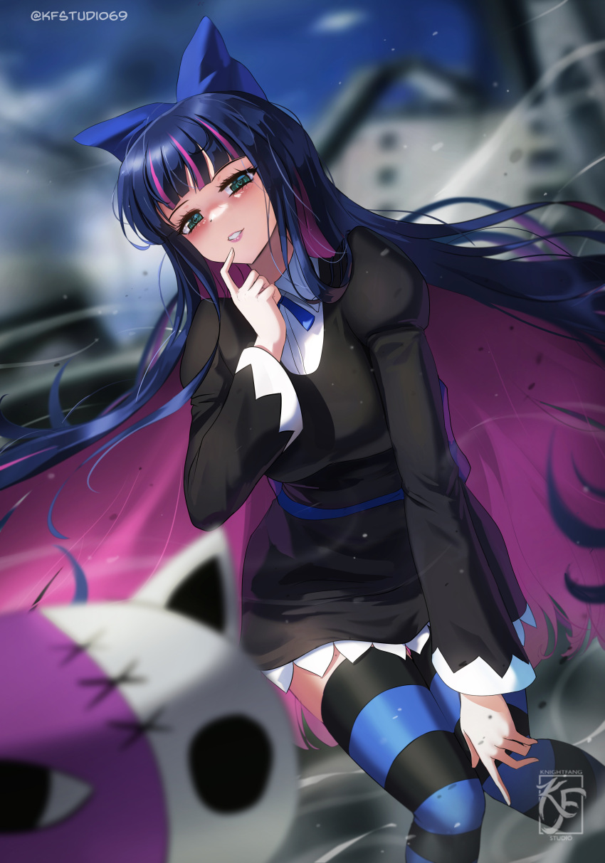 1girl absurdres artist_name black_dress black_hair blue_bow blue_ribbon blunt_bangs blurry blurry_background bow collared_shirt colored_inner_hair commentary dress english_commentary gothic_lolita hair_bow hand_up highres honekoneko_(psg) knightfang lolita_fashion long_hair looking_at_viewer multicolored_hair panty_&amp;_stocking_with_garterbelt pink_hair ribbon shirt solo stocking_(psg) streaked_hair striped striped_thighhighs thigh-highs twitter_username watermark white_shirt