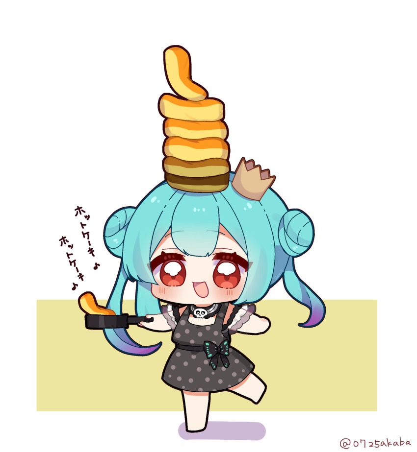 0725akaba 1girl :d barefoot black_dress blue_hair blush brown_background colored_shadow crown double_bun dress food frying_pan gradient_hair hair_bun highres holding hololive mini_crown multicolored_hair pancake pancake_stack polka_dot polka_dot_dress purple_hair red_eyes shadow smile solo standing standing_on_one_leg tilted_headwear translation_request twintails twitter_username two-tone_background uruha_rushia virtual_youtuber white_background