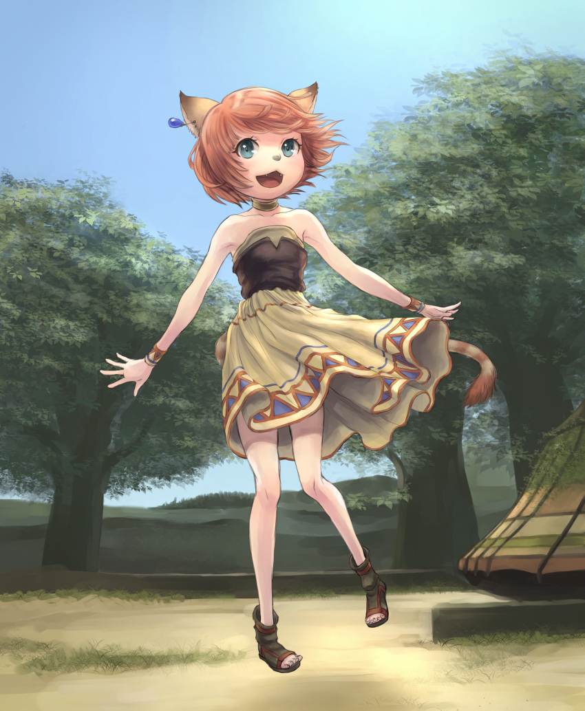 1girl :d absurdres animal_ears animal_nose bare_shoulders black_footwear black_vest blue_eyes blue_sky cactus41747280 cat_ears cat_girl cat_tail child choker collarbone dress earrings fangs final_fantasy final_fantasy_xi flat_chest full_body grass highres jewelry mithra_(ff11) open_mouth orange_hair orange_pupils outdoors short_hair single_earring sky smile solo strapless strapless_dress striped_tail tail toeless_footwear toenails tree vest wristband yellow_choker yellow_dress