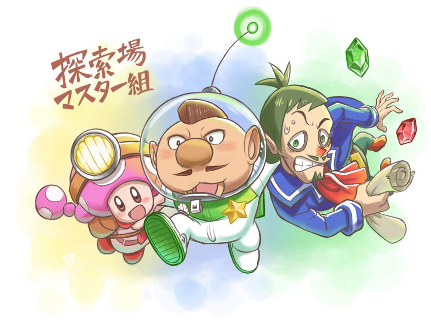 1girl 2boys alien antenna_hair arm_around_shoulder backpack badge bag beard belt belt_buckle big_nose blue_background blue_jacket blue_pants blush blush_stickers border brown_bag brown_belt brown_eyes brown_hair brown_shirt buckle captain_toad:_treasure_tracker character_request charlie_(pikmin) clenched_teeth collared_jacket commentary_request dark_green_hair facial_hair gauge green_background green_eyes green_light headlamp helmet highres holding holding_another's_arm holding_scroll jacket koaraymt long_sleeves low_twintails mixed-language_commentary mohawk multicolored_background multiple_boys mustache necktie nose_blush open_mouth pants pikmin_(series) pointy_ears pointy_nose radio_antenna red_belt red_footwear red_necktie rupee_(zelda) scroll shirt shoes short_hair solid_oval_eyes space_helmet spacesuit star_(symbol) super_mario_bros. super_smash_bros. sweat teeth the_legend_of_zelda toadette translation_request twintails very_short_hair whistle white_border yellow_background