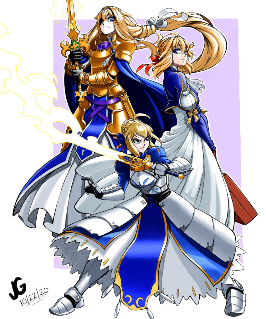 3girls ahoge alice_zuberg alternate_eye_color armor armored_boots armored_dress artoria_pendragon_(fate) blonde_hair blue_cape blue_dress blue_eyes boots cape color_connection crossover dated dress energy excalibur_(fate/stay_night) fate/stay_night fate_(series) gauntlets glowing glowing_sword glowing_weapon gold_armor hair_color_connection highres holding holding_sword holding_weapon jgeorgedrawz knight long_hair looking_at_another magic monochrome multiple_girls osmanthus_blade saber shoulder_armor signature simple_background standing suitcase sword sword_art_online sword_art_online:_alicization very_long_hair violet_evergarden violet_evergarden_(series) weapon