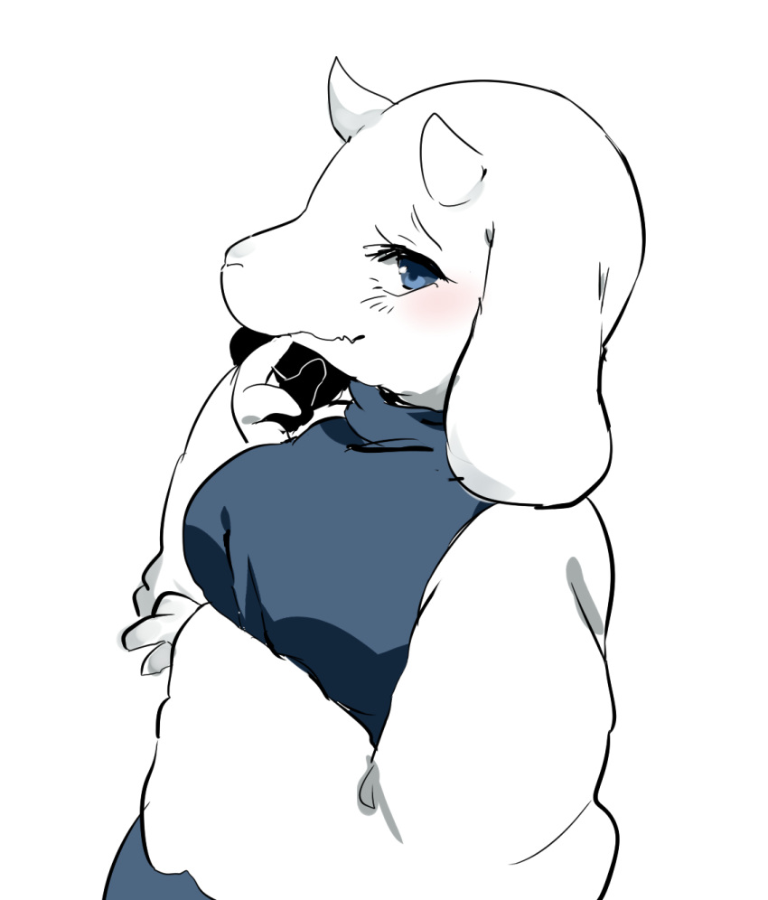 1girl blue_dress blue_eyes blush closed_mouth commentary_request dress eyelashes finger_to_own_chin floppy_ears furry furry_female goat highres horns long_sleeves looking_at_viewer suzune_hapinesu toriel turtleneck_dress undertale upper_body wavy_mouth white_background white_sleeves wide_sleeves