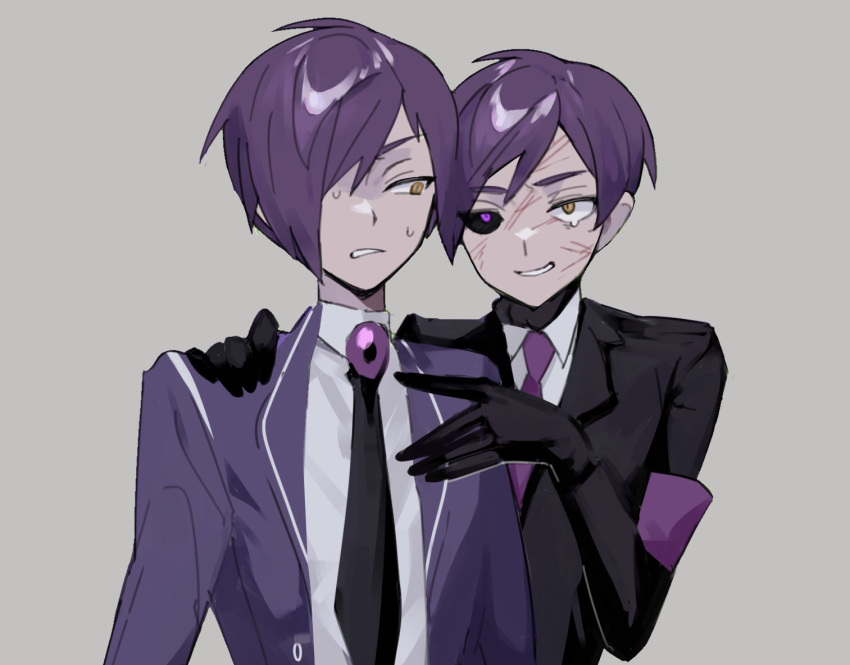 2boys black_gloves black_sclera coat colored_sclera dual_persona gloves grey_background grin hair_over_one_eye heterochromia library_of_ruina lobotomy_corporation long_sleeves mismatched_sclera mu46016419 multiple_boys necktie project_moon purple_coat purple_hair purple_necktie scar scar_on_face shirt smile upper_body violet_eyes white_shirt yellow_eyes yesod_(project_moon)