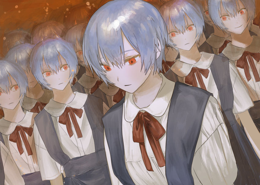 6+girls ayanami_rei blue_hair blue_skirt blue_vest bow bowtie closed_mouth hair_between_eyes highres looking_at_another looking_down mabelmine multiple_girls multiple_persona neon_genesis_evangelion open_clothes open_vest orange_background red_bow red_bowtie red_eyes school_uniform shirt short_hair short_sleeves simple_background skirt smile standing tokyo-3_middle_school_uniform vest white_shirt