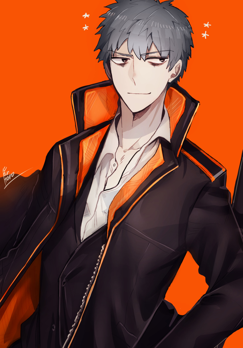 1boy bags_under_eyes black_eyes black_jacket black_vest closed_mouth collared_shirt fate/grand_order fate_(series) grey_hair high_collar highres jacket long_sleeves male_focus orange_background saitou_hajime_(fate) shirt short_hair signature smile solo teiratogau unbuttoned unbuttoned_shirt upper_body vest white_shirt