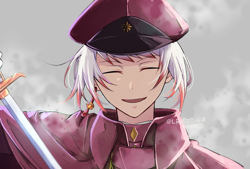 1boy bell bell_earrings bungou_stray_dogs cape closed_eyes collared_jacket earrings grey_background hand_up hat holding holding_sword holding_weapon jacket jewelry jouno_saigiku_(bungou_stray_dogs) male_focus military_hat military_uniform mokeo0315 multicolored_hair open_mouth portrait red_cape red_headwear red_jacket redhead short_hair single_earring smile solo sword tassel tassel_earrings twitter_username two-tone_hair uniform weapon white_hair