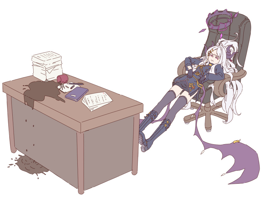 1girl accident ahoge aiguillette armband black_gloves blue_archive breasts buttons coffee coffee_mug cross cup demon_girl demon_horns demon_wings desk double-breasted gloves hair_ornament hairclip halo highres hina_(blue_archive) horns iron_cross long_coat long_hair mikeco military_uniform miniskirt mug multiple_horns parted_bangs sidelocks simple_background skirt small_breasts solo spill uniform very_long_hair violet_eyes white_hair wings zettai_ryouiki