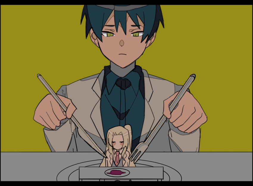 1boy 1girl angela_(project_moon) ayin_(project_moon) black_hair black_shirt coat collared_shirt fork highres holding holding_fork holding_knife knife lab_coat lobotomy_corporation long_sleeves mu46016419 plate project_moon shirt simple_background table upper_body white_coat yellow_background yellow_eyes