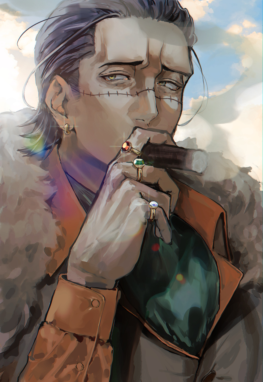 1boy absurdres black_hair cigar clouds cloudy_sky crocodile_(one_piece) earrings fur_coat gem green_gemstone hair_slicked_back hand_up highres holding holding_cigar jewelry long_hair male_focus mature_male multiple_rings one_piece orange_shirt red_gemstone ring scar scar_on_face shirt single_earring sky smoking stitches user_gajt8555 white_gemstone yellow_eyes