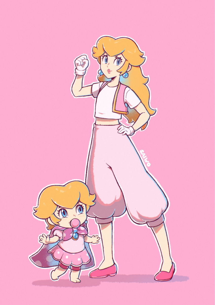 2girls alternate_costume arabian_clothes baby baby_peach blonde_hair blue_eyes capelet clenched_hand dual_persona earrings full_body gloves hand_on_own_hip highres jewelry multiple_girls pink_background pink_capelet pink_footwear pink_skirt pink_vest princess_peach saiwo_(saiwoproject) simple_background skirt sphere_earrings standing super_mario_bros. vest white_gloves