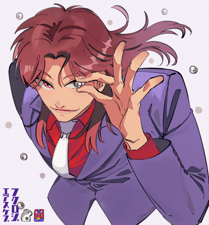 1boy absurdres blazer brown_hair commentary_request grey_background hamster highres ichijou_seiya inudori jacket kaiji long_hair long_sleeves looking_at_viewer lower_teeth_only male_focus medium_bangs necktie open_mouth pachinko_ball parted_bangs pink_eyes purple_jacket red_shirt shirt simple_background smile solo suit teeth upper_body white_necktie