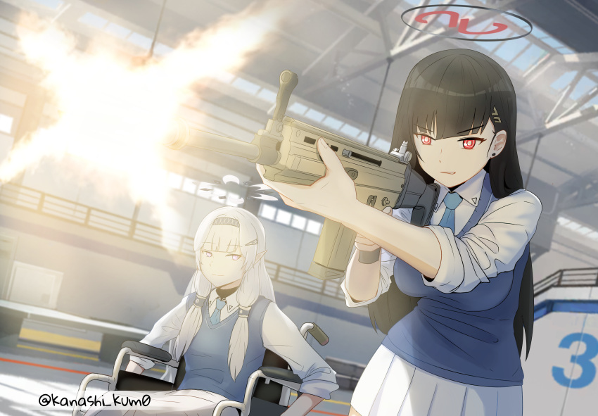 2girls 3d_background absurdres aged_down aiming alternate_costume assault_rifle black_hair blue_archive blue_necktie blue_vest blunt_bangs blurry collared_shirt commentary depth_of_field english_commentary firing gun hair_between_eyes hair_ornament hairband hairclip halo highres himari_(blue_archive) holding holding_gun holding_weapon indoors kanashi_kum0 long_hair long_sleeves looking_at_another multiple_girls necktie numbered pleated_skirt pointy_ears red_eyes rifle rio_(blue_archive) school_uniform shirt sidelocks skirt sleeves_rolled_up twitter_username vest violet_eyes weapon wheelchair white_hair white_shirt white_skirt