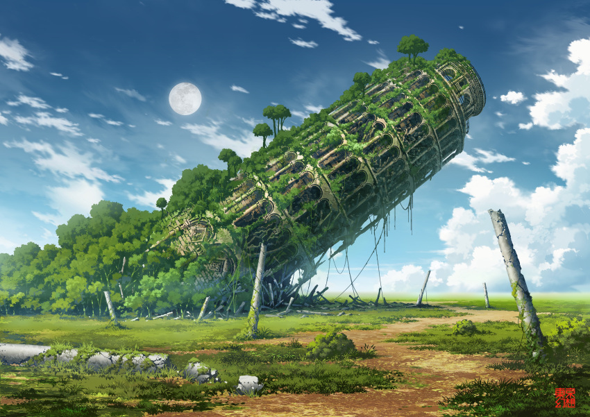 abandoned absurdres blue_sky clouds commentary_request day dilapidated full_moon grass highres landmark leaning_tower_of_pisa moon moss no_humans original outdoors overgrown pillar post-apocalypse ruins scenery sky tokyogenso tree