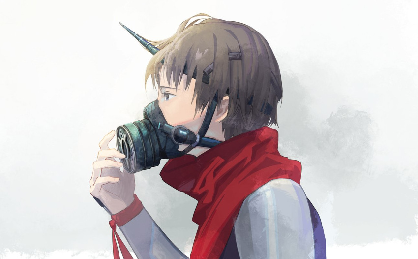 1boy arc_(arc_the_lad) arc_the_lad brown_eyes brown_hair from_side gas_mask male_focus mask protected_link red_scarf save_scene_a scarf short_hair simple_background solo