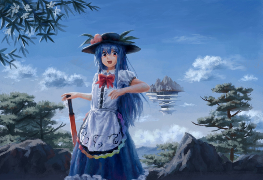 1girl black_headwear blue_hair blue_skirt bow bowtie clouds commentary_request floating_island food fruit hand_on_hilt highres hinanawi_tenshi leaf long_hair mountain open_mouth outdoors peach rainbow_gradient red_bow red_bowtie red_eyes satellitedragon shirt short_sleeves skirt smile solo touhou white_shirt