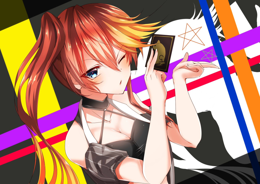 1girl ayasato_karen blue_eyes business_card card cleavage_cutout clothing_cutout detached_sleeves double-parted_bangs eiyuu_densetsu hair_between_eyes highres holding holding_card judith_ranster kuro_no_kiseki looking_at_viewer multicolored_hair one_eye_closed redhead side_ponytail smile solo star_(symbol) two-tone_hair