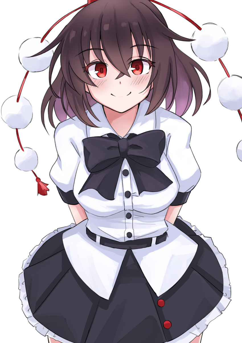 1girl absurdres arms_behind_back black_bow black_bowtie black_hair black_skirt bow bowtie closed_mouth commentary_request highres looking_at_viewer medium_hair pom_pom_(clothes) red_eyes red_headwear shameimaru_aya short_hair short_sleeves simple_background skirt smile solo touhou white_background yuuka_(a0240765)