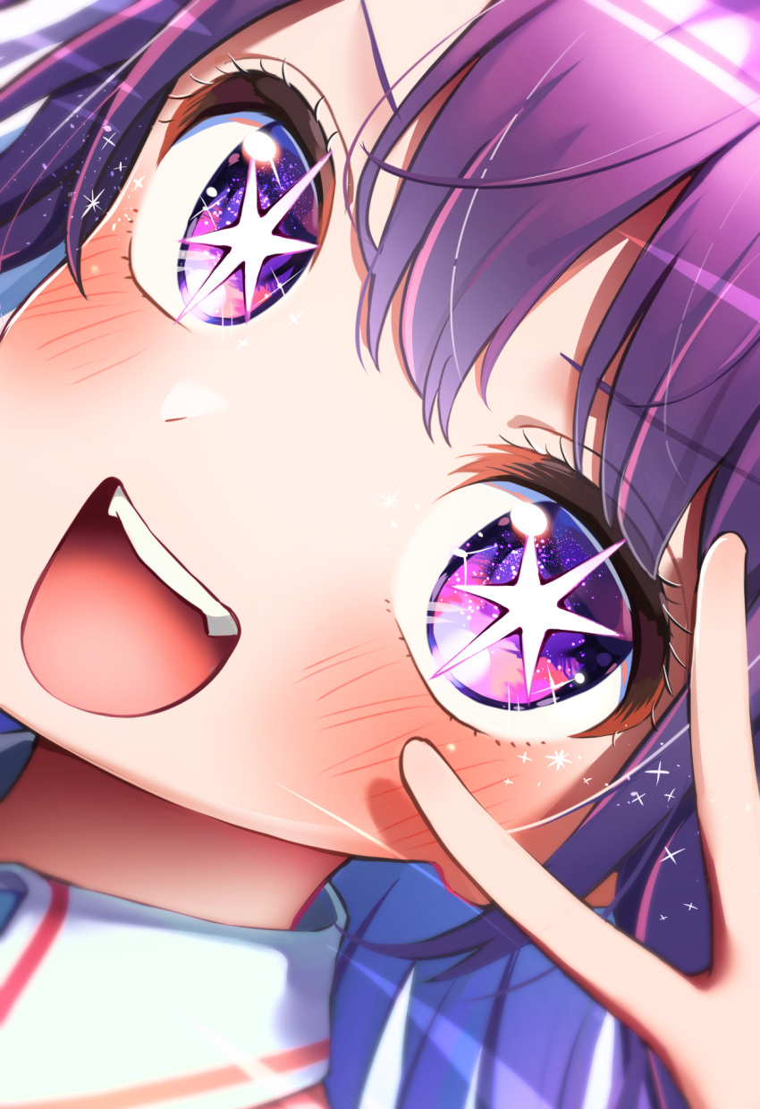 1girl :d aruminsuko blush close-up collar commentary_request hair_between_eyes highres hoshino_ai_(oshi_no_ko) looking_at_viewer open_mouth oshi_no_ko purple_hair smile solo sparkle star-shaped_pupils star_(symbol) symbol-shaped_pupils teeth upper_teeth_only v v_over_eye violet_eyes white_collar