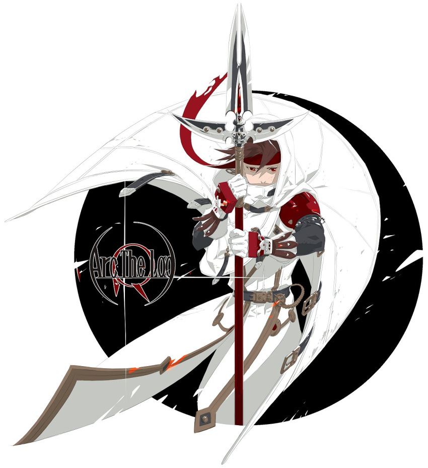 1boy arc_the_lad arc_the_lad_ii bandana black_hair closed_mouth copyright_name elc_(arc_the_lad) gloves highres hood hoodie looking_at_viewer male_focus protected_link save_scene_a short_hair solo white_background white_hoodie