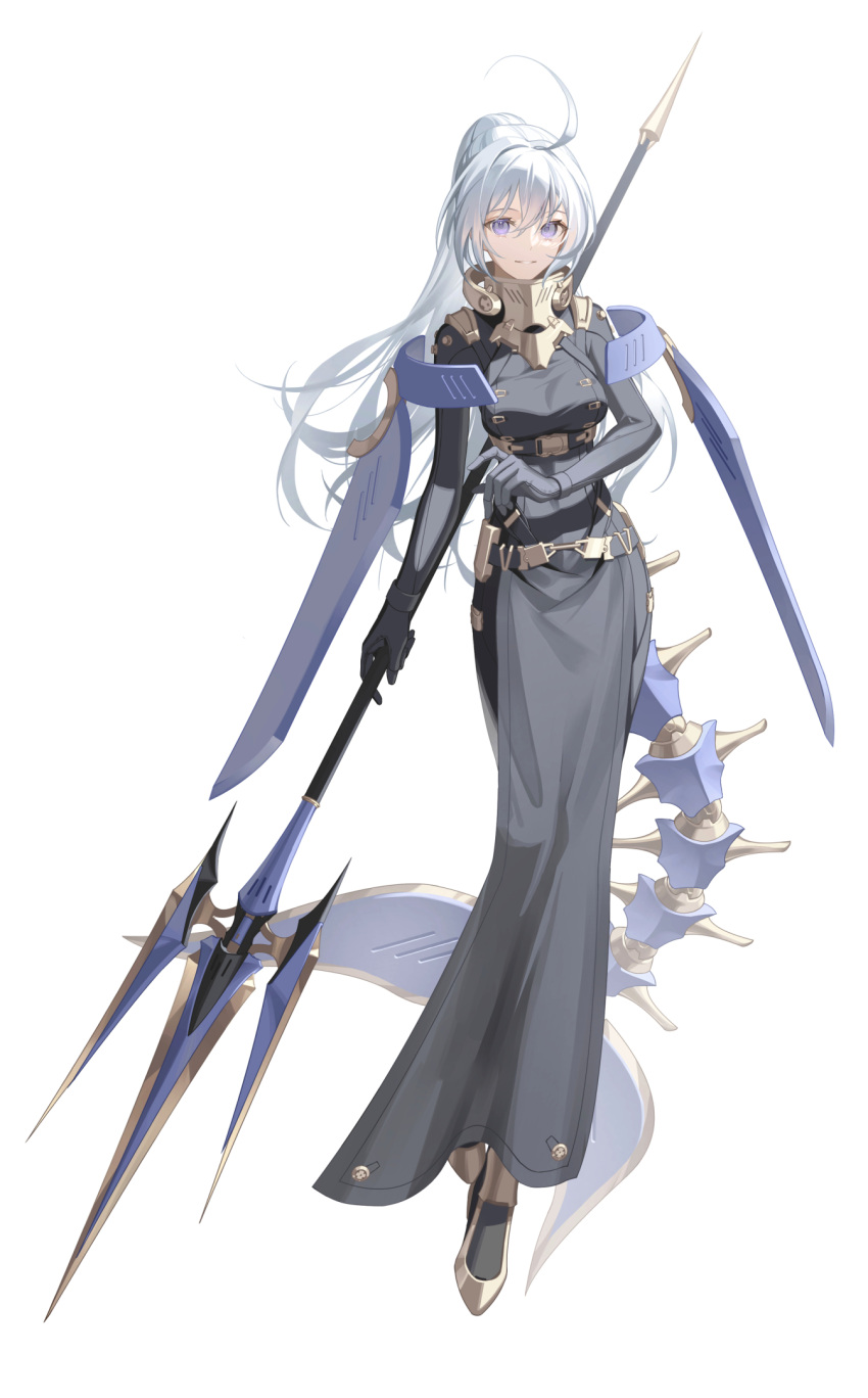 1girl ahoge breasts floating_clothes full_body highres holding holding_polearm holding_weapon long_hair looking_at_viewer mechanical_tail medium_breasts original pelvic_curtain polearm ponytail solo tail trident tsuki-shigure violet_eyes weapon white_background white_hair