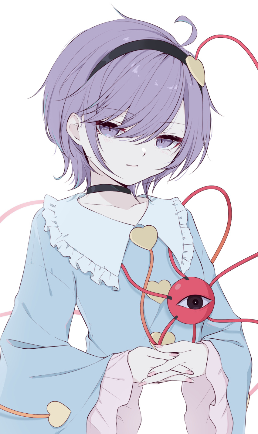 1girl black_choker blue_jacket choker expressionless heart highres jacket komeiji_satori long_sleeves looking_at_viewer mizore_arius own_hands_together purple_hair short_hair simple_background sleeves_past_wrists solo touhou violet_eyes white_background