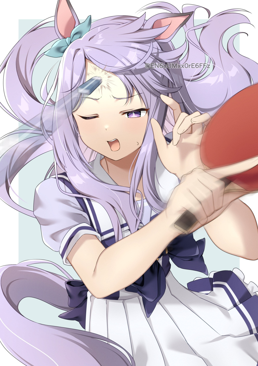 1girl absurdres animal_ears blush commentary_request eraser failure forehead highres horse_ears horse_girl horse_tail looking_at_viewer mejiro_mcqueen_(umamusume) motion_blur open_mouth paddle school_uniform simple_background solo table_tennis_paddle tail tracen_school_uniform twitter_username umamusume violet_eyes white_background wince yamano_rokamizu