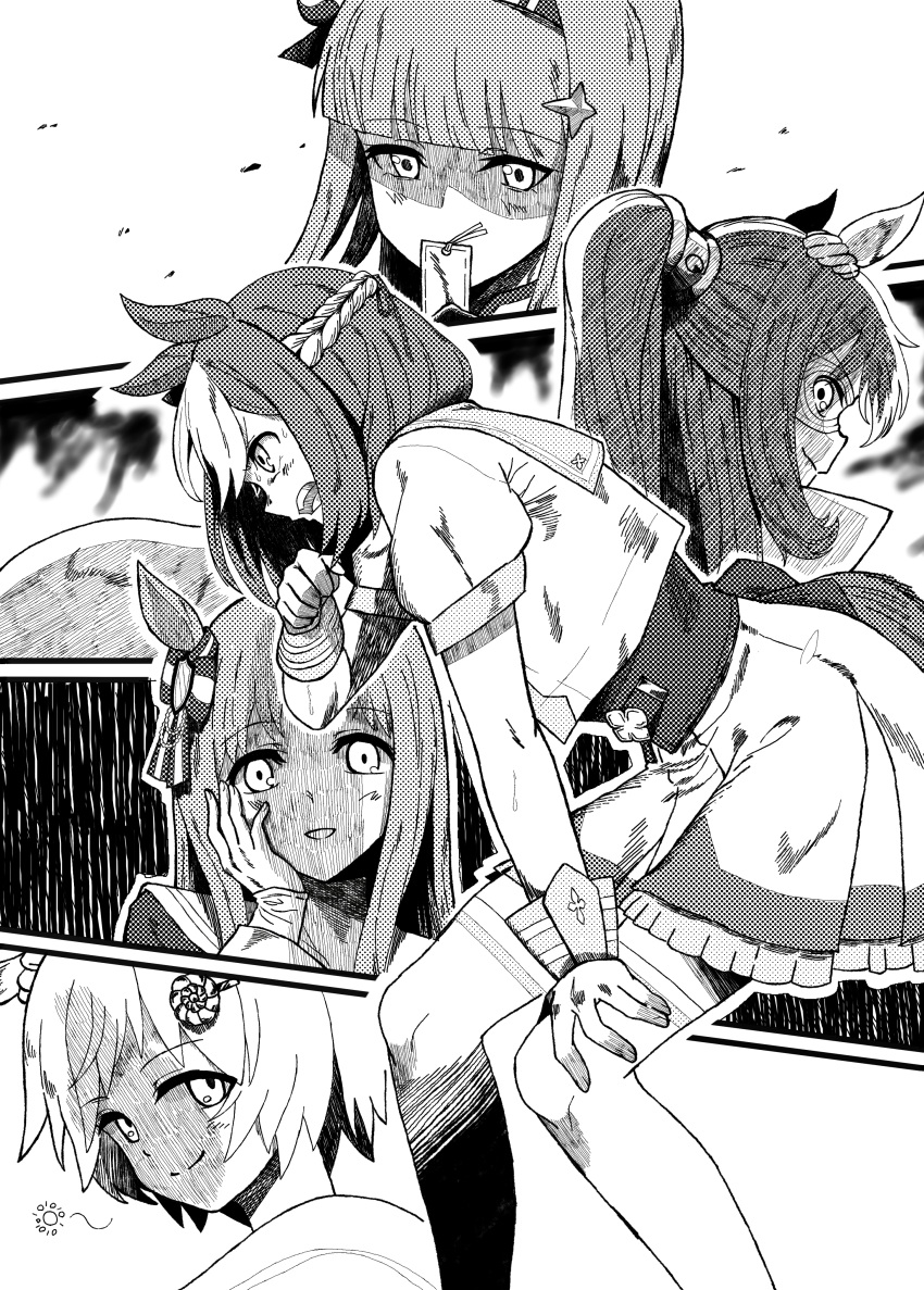 5girls absurdres animal_ears blunt_bangs bob_cut bow braid charm_(object) closed_mouth cropped_jacket crown_braid domino_mask ear_ribbon el_condor_pasa_(umamusume) frilled_sleeves frills frown grass_wonder_(umamusume) greyscale hair_ornament hair_tie hairband hand_on_own_cheek hand_on_own_face hand_on_own_knee highres horse_ears horse_girl horse_tail leaning_forward long_hair long_sleeves looking_back maharu66 mask miniskirt monochrome multiple_girls open_mouth outside_border own_hands_together pleated_skirt ponytail sailor_collar seiun_sky_(umamusume) short_hair short_sleeves silence_suzuka_(umamusume) skirt smile special_week_(umamusume) star_(symbol) star_hair_ornament tail tail_bow tail_ornament thigh-highs umamusume vest wrist_cuffs yandere_trance