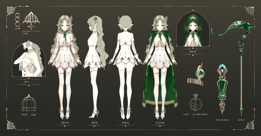 1girl absurdres arm_cuffs asymmetrical_legwear bare_shoulders blonde_hair breasts cloak dress elf ellise_aepro gloves gold_collar gold_trim green_cloak green_eyes green_hair green_hood green_nails hair_ornament high_heels highres hood hooded_cloak indie_virtual_youtuber long_hair microphone multicolored_hair parted_bangs pocket_watch pointy_ears rasa_k reference_sheet shirt sickle sidelocks single_thighhigh single_wrist_cuff skirt small_breasts thigh-highs thigh_strap two-tone_hair very_long_hair watch white_dress white_gloves white_shirt white_thighhighs wrist_cuffs