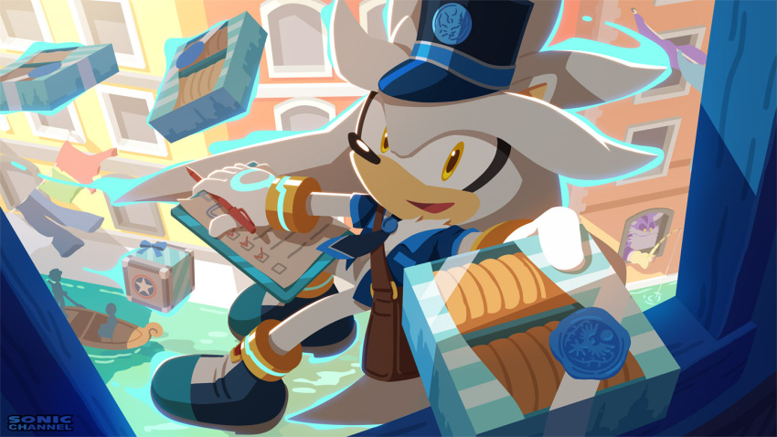 2boys bag big_the_cat blue_headwear blue_jacket boat box clothesline commentary_request fishing_rod floating furry furry_male gloves holding holding_box holding_pen jacket looking_at_viewer male_focus messenger_bag multiple_boys official_art pen river shoulder_bag silver_the_hedgehog smile sonic_(series) sonic_the_hedgehog_(2006) telekinesis uno_yuuji watercraft white_gloves