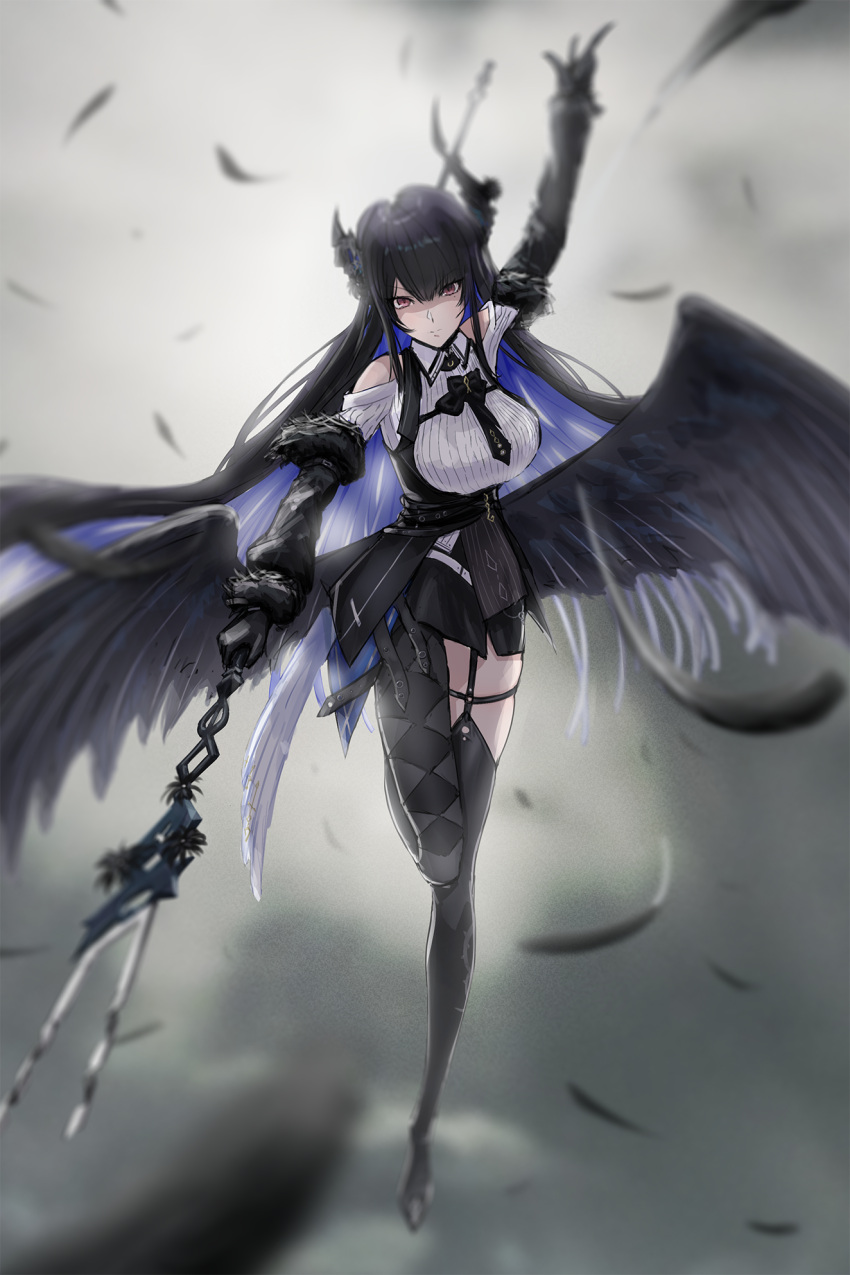 1girl argyle argyle_legwear arm_up ascot asymmetrical_legwear belt black_ascot black_belt black_feathers black_gloves black_hair black_thighhighs black_wings blue_hair blurry breasts closed_mouth clouds cloudy_sky demon_horns depth_of_field falling_feathers feathered_wings feathers full_body fur-trimmed_sleeves fur_trim gloves grey_sky highres holding holding_polearm holding_weapon hololive hololive_english horns large_breasts large_wings long_hair looking_at_viewer low_wings mole mole_under_eye nerissa_ravencroft polearm sky solo thigh-highs thigh_strap uneven_horns v-shaped_eyebrows varsien very_long_hair violet_eyes virtual_youtuber weapon wing_collar wings