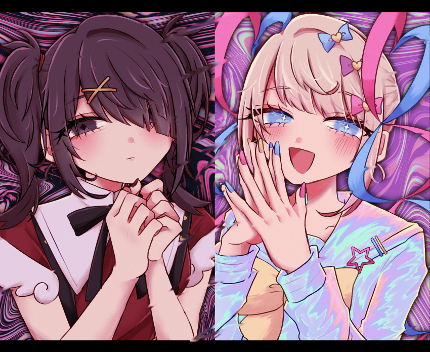 2girls :d ame-chan_(needy_girl_overdose) black_eyes black_hair black_ribbon blonde_hair blue_bow blue_eyes blue_hair blue_nails blue_shirt blush bow chouzetsusaikawa_tenshi-chan collar collared_shirt commentary_request dual_persona hair_bow hair_ornament hair_over_one_eye hands_up heart heart_hair_ornament highres ink_(0killq) long_hair long_sleeves looking_at_viewer multicolored_hair multicolored_nails multiple_girls nail_polish neck_ribbon needy_girl_overdose open_mouth own_hands_together pink_bow pink_hair pink_nails purple_bow quad_tails red_shirt ribbon sailor_collar shirt smile steepled_fingers suspenders twintails upper_body white_collar x_hair_ornament yellow_bow yellow_nails