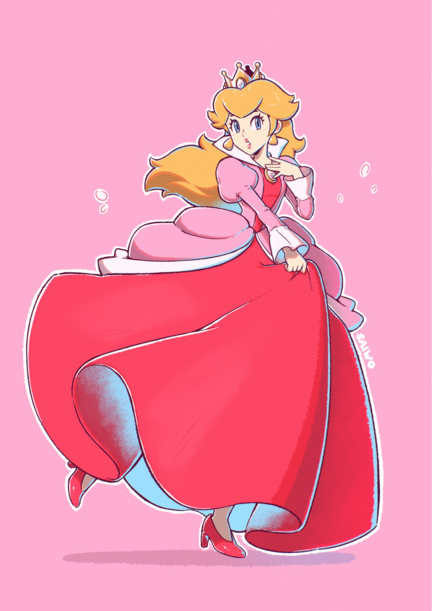 1girl adapted_costume alternate_color blonde_hair brooch crown dress earrings full_body high_heels highres jewelry long_hair looking_at_viewer pink_background pink_dress princess_peach red_dress red_footwear saiwo_(saiwoproject) simple_background solo super_mario_bros. two-tone_dress