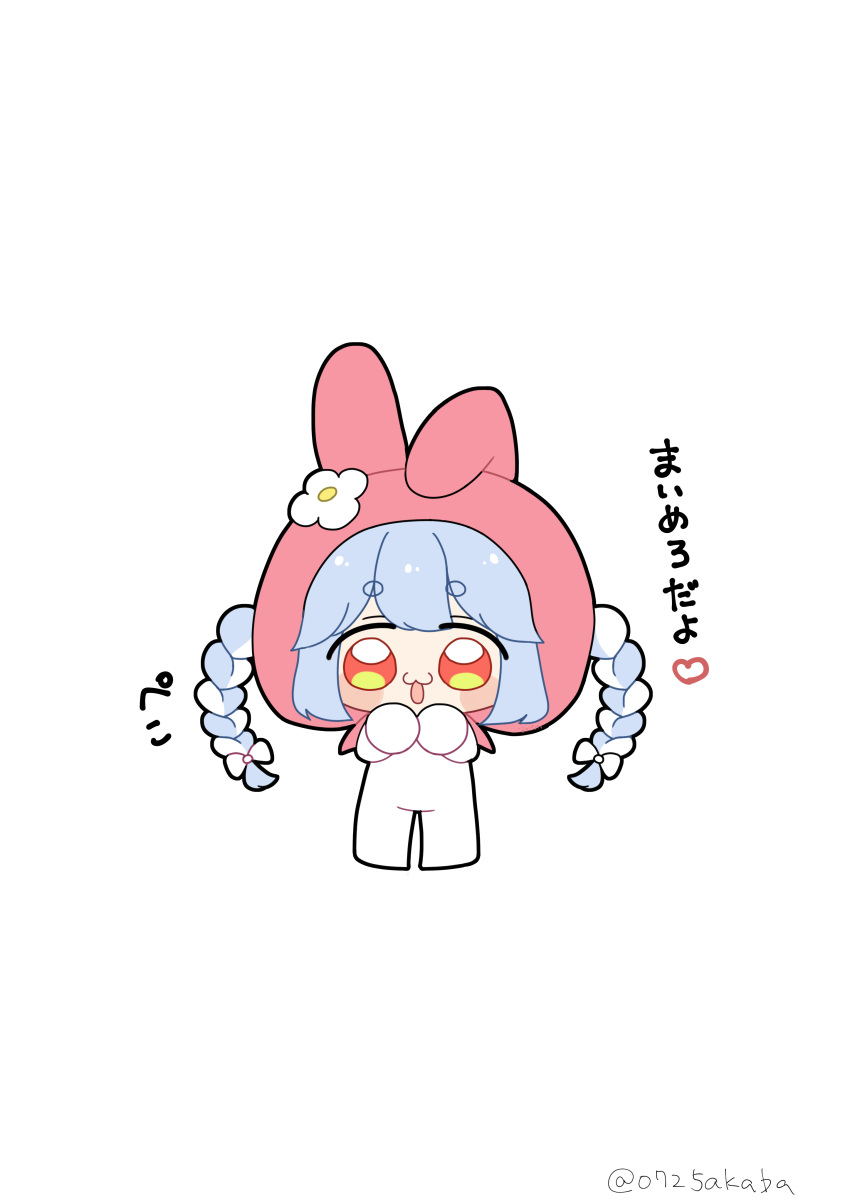 0725akaba 1girl :d absurdres animal_ears animal_hood blue_hair blush_stickers bow braid chibi fake_animal_ears flower hair_bow highres hololive hood hood_up multicolored_hair rabbit_ears rabbit_hood red_eyes short_eyebrows simple_background smile solo standing thick_eyebrows translation_request twin_braids twintails twitter_username two-tone_hair usada_pekora virtual_youtuber white_background white_bow white_flower white_hair