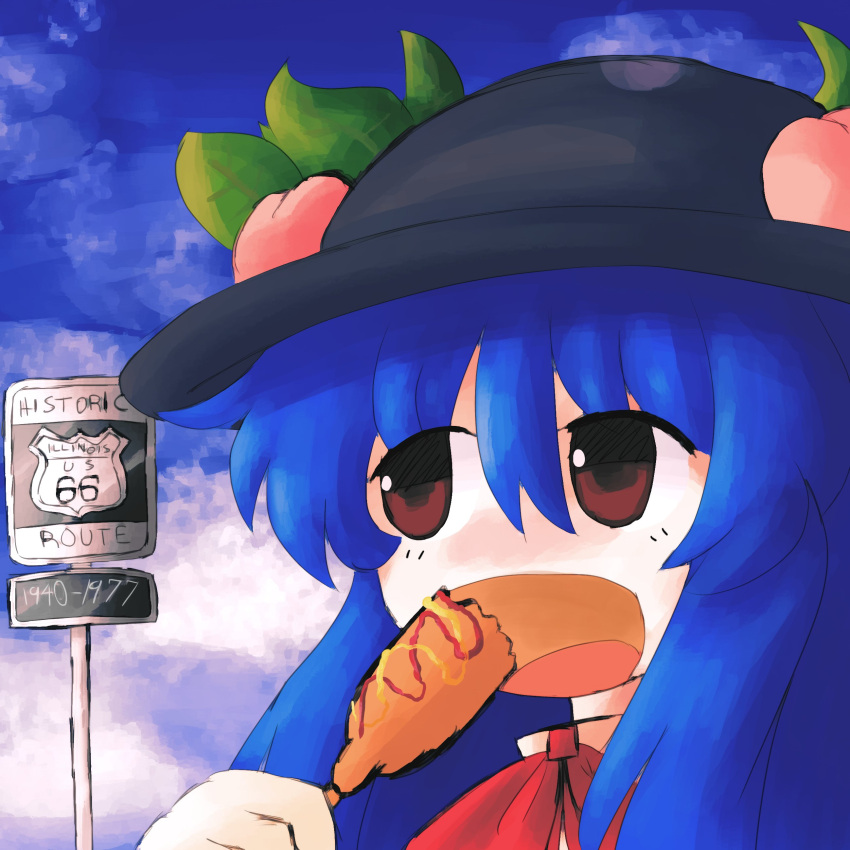1girl :d absurdres black_headwear blue_hair blue_sky bow bowtie brown_eyes clouds commentary_request corn_dog derivative_work eating food fruit hat highres hinanawi_tenshi holding holding_food iesonatana ketchup leaf leaf_hat_ornament long_hair looking_afar meme mustard open_mouth peach peach_hat_ornament pink_bow red_bow red_bowtie road_sign route_66 sign sky smile solo touhou upper_body