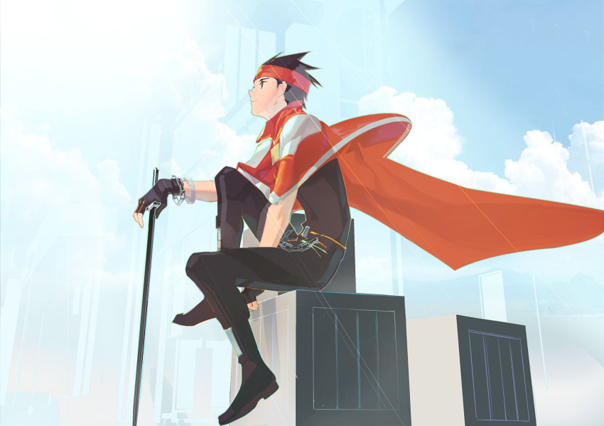 1boy arc_the_lad arc_the_lad_ii bandana black_hair cape chain closed_mouth clouds elc_(arc_the_lad) fingerless_gloves gloves male_focus protected_link save_scene_a short_hair sitting solo spiky_hair weapon