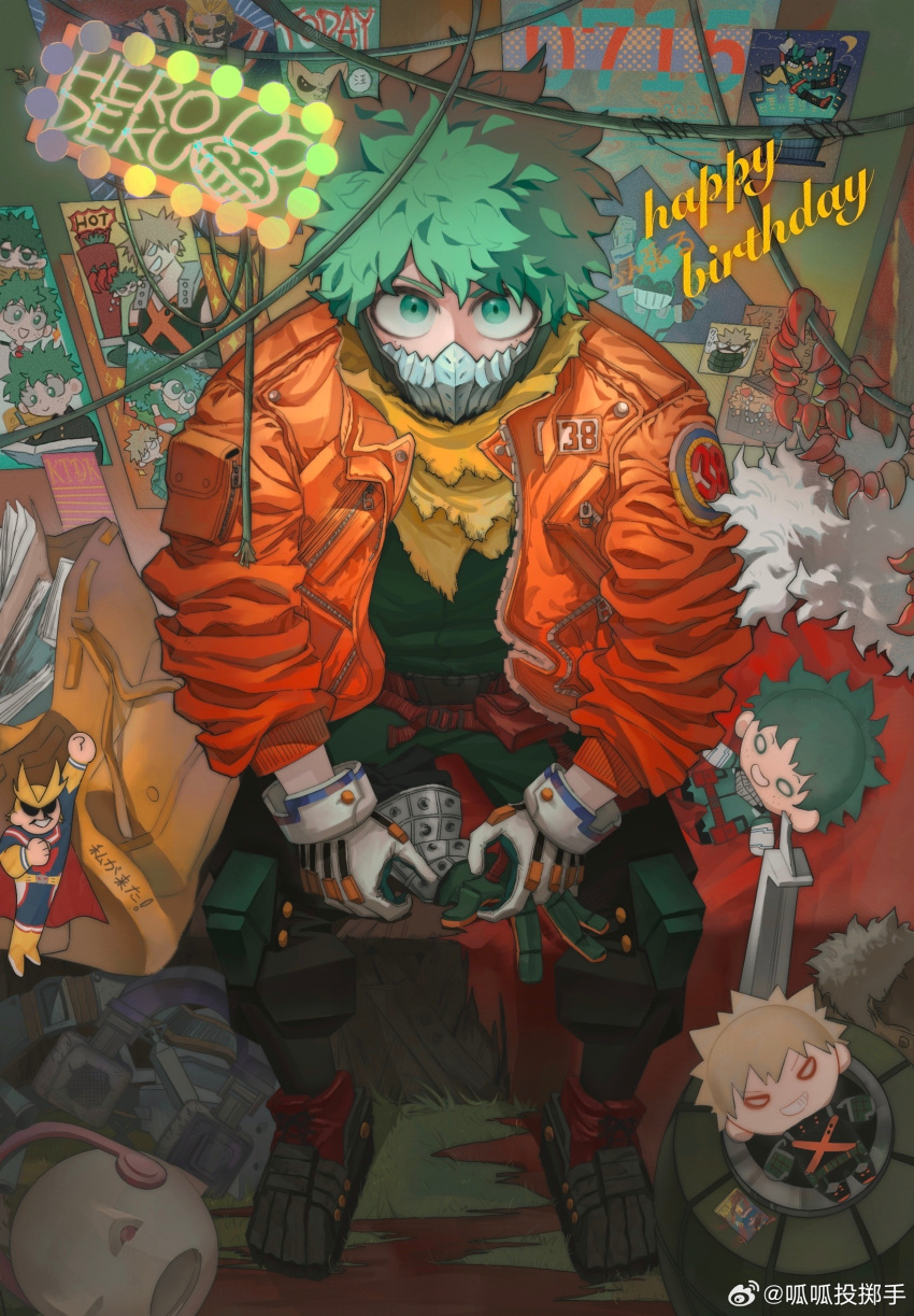 1boy 2nd_popularity_poll_(boku_no_hero_academia) akira all_might animalization badge bag_removed baggy_clothes bakugou_katsuki belt belt_pouch belt_removed between_legs birthday blood bodysuit boku_no_hero_academia cable cameo cape cape_removed card character_doll character_logo character_name chinese_commentary clothes covered_mouth crate crescent doll dried_blood dynamy_(boku_no_hero_academia) eyebrows_hidden_by_hair freckles full_body fur-trimmed_cape fur_trim gloves gloves_removed grass green_bodysuit green_eyes green_gloves green_hair gua_(wanmucha) hand_between_legs happy_birthday headphones headphones_removed headwear_removed helmet helmet_removed highres holding holding_clothes holding_gloves indoors jacket jewelry jewelry_removed layered_clothes light long_sleeves looking_at_viewer looking_up male_focus mask midoriya_izuku mouth_mask necklace necklace_removed neon_lights notebook official_alternate_costume open_bag open_clothes open_jacket orange_gloves orange_jacket pocket poster_(object) pouch red_belt red_cape ribbon_trim shadow sheep short_hair sign sitting snap-fit_buckle solo sparkle spoilers timestamp tooth_necklace torn_cape torn_clothes trading_card two-tone_gloves utility_belt v-shaped_eyebrows weibo_logo weibo_username white_gloves x yellow_bag yellow_cape zipper zipper_pull_tab