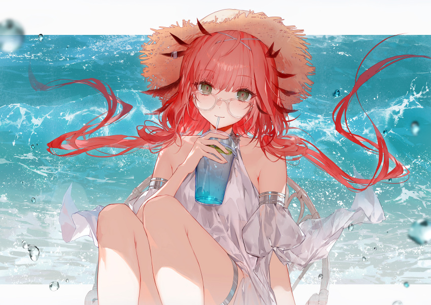 arknights brown_eyes detached_sleeves dress drink drinking_straw drinking_straw_in_mouth erato_(arknights) feathers glasses hat highres long_hair looking_at_viewer pink_eyes s2rid see-through summer sun_hat thigh_strap water water_drop white_dress
