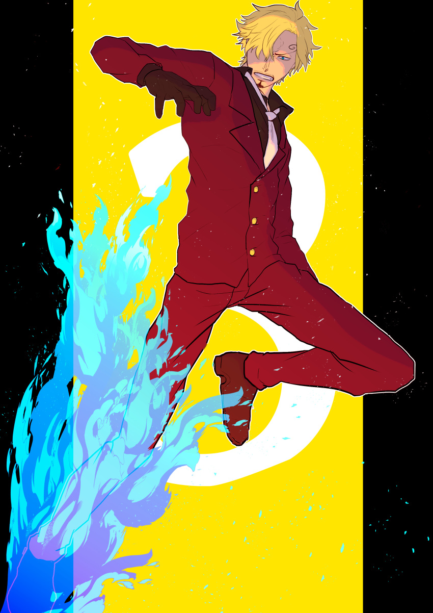 1boy absurdres black_gloves black_shirt blonde_hair blue_eyes blue_fire brown_footwear buttons clenched_teeth collared_shirt curly_eyebrows embers facial_hair fire full_body gloves goatee hair_over_one_eye highres male_focus necktie okimasuku0323 one_piece pants red_pants sanji_(one_piece) shirt short_hair solo teeth white_necktie