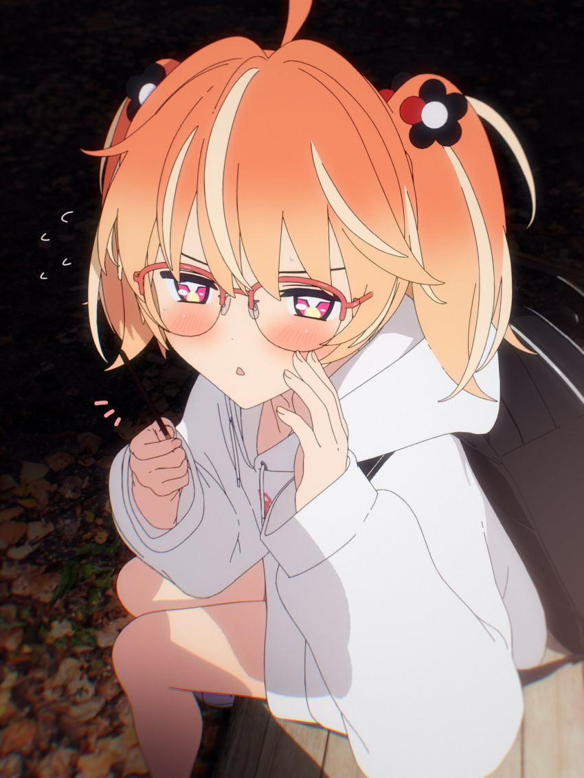 +_+ 1girl 3d ahoge bench blender_(medium) blonde_hair blush bright_pupils cel_shading chestnut_mouth dark dot_nose drawstring feet_out_of_frame flower flying_sweatdrops food glasses hair_flower hair_ornament half-closed_eyes hands_up highres holding holding_food holding_pocky hood hood_down hoodie long_sleeves looking_at_viewer medium_hair multicolored_eyes multicolored_hair night no_pants notice_lines orange_hair outdoors parted_lips pink_eyes pocky pocky_day red-framed_eyewear rinne_(rinrinne) rinrinne rinrinne39_(artist) semi-rimless_eyewear short_twintails sitting solo streaked_hair twintails v-shaped_eyebrows violet_eyes virtual_youtuber whispering white_hoodie white_pupils