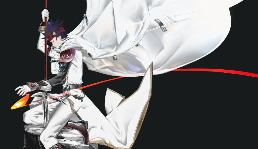 1boy arc_the_lad arc_the_lad_ii bandana belt black_hair closed_mouth earrings elc_(arc_the_lad) gloves jewelry male_focus military_uniform polearm protected_link save_scene_a short_hair simple_background solo spear spiky_hair uniform weapon white_gloves