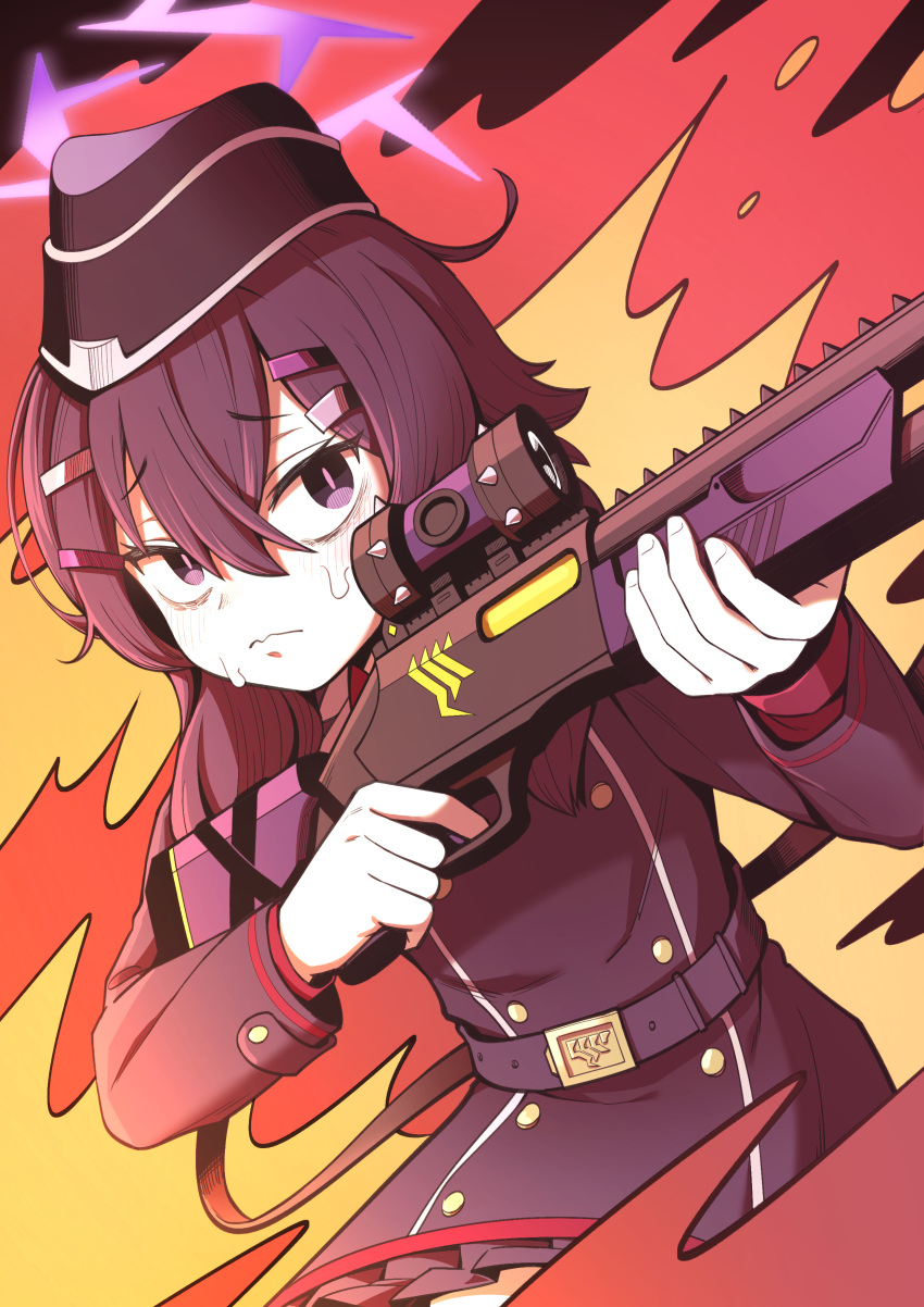 1girl absurdres belt black_dress blue_archive closed_mouth crying crying_with_eyes_open dress fire frown golmonggu gun hair_between_eyes halo haruka_(blue_archive) hat highres holding holding_gun holding_weapon medium_hair multiple_hairpins purple_hair scope solo tears uniform violet_eyes weapon
