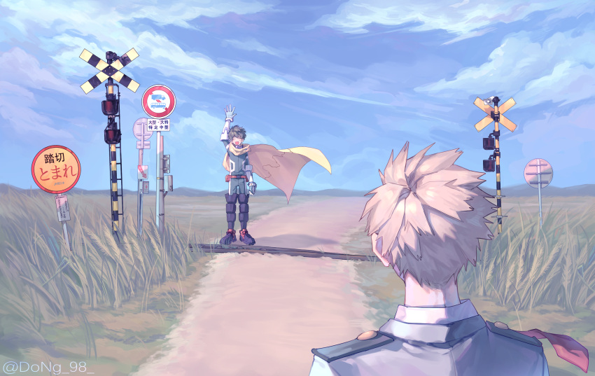 2boys ^_^ arm_at_side arm_up bakugou_katsuki belt belt_pouch birthday blazer blonde_hair blue_sky blush bodysuit boku_no_hero_academia cape closed_eyes clouds cloudy_sky collared_shirt commentary day dong_98 field floating_cape floating_hair floating_neckwear freckles from_behind gloves grass green_bodysuit green_gloves green_hair grey_jacket happy highres jacket light male_focus midoriya_izuku mountainous_horizon multiple_boys necktie official_alternate_costume open_hand open_mouth outdoors outstretched_hand patch pouch railroad_crossing railroad_tracks red_belt red_necktie road road_sign school_uniform shadow shirt short_hair sidelighting sign sky smile snap-fit_buckle speaker spiky_hair spoilers standing straight-on twitter_username u.a._school_uniform utility_belt white_gloves white_shirt wide_shot wind yellow_cape