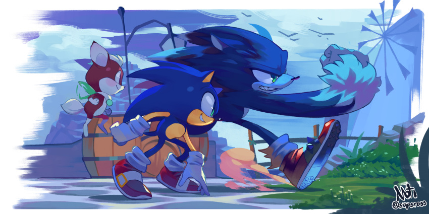 3boys absurdres animal_ears animal_nose barrel blue_fur chip_(sonic) clenched_hand closed_mouth clouds commentary day full_body furry furry_male gloves green_eyes highres male_focus multiple_boys outdoors red_footwear running shoes smile sonic_(series) sonic_the_hedgehog sonic_the_werehog sonic_world_adventure supsross tail twitter_username white_gloves windmill wings