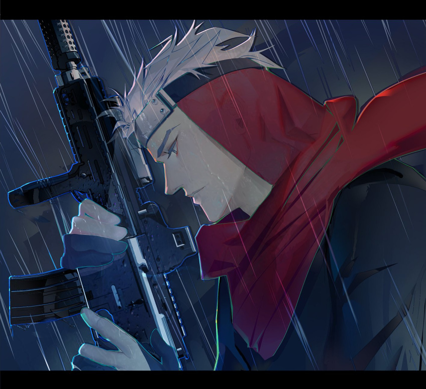 1boy arc_the_lad arc_the_lad_ii closed_mouth forehead_protector gun highres letter male_focus protected_link rain red_scarf save_scene_a scarf short_hair shu_(arc_the_lad) solo weapon