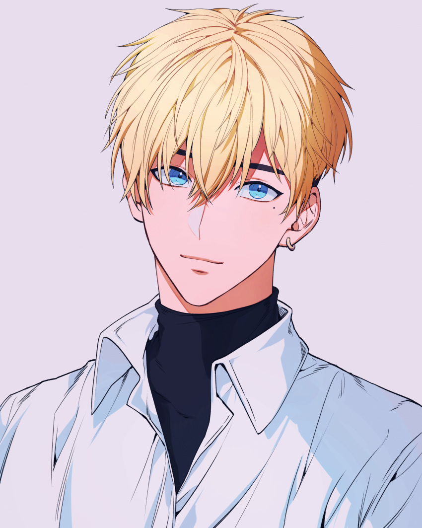 1boy black_hair blonde_hair blue_eyes closed_mouth earrings hair_between_eyes highres jewelry korean_commentary looking_at_viewer male_focus mole mole_under_eye multicolored_hair portrait raku7560 shirt short_hair simple_background single_earring smile solo streaked_hair sweater trigun turtleneck turtleneck_sweater undercut vash_the_stampede white_background white_shirt