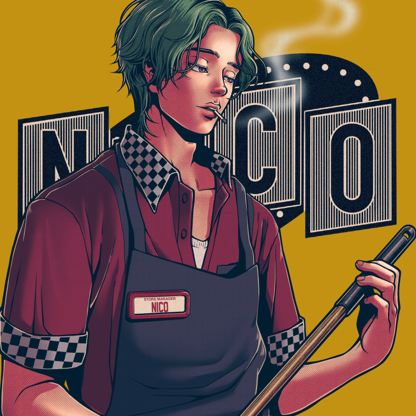 1boy apron black_apron character_name checkered_clothes checkered_shirt cigarette collared_shirt commentary_request employee_uniform green_hair highres id_card indie_utaite long_bangs male_focus minori_(navymustard) official_art open_mouth parted_bangs red_shirt ryuen_nico shirt short_hair short_sleeves smoking solo uniform upper_body yellow_background
