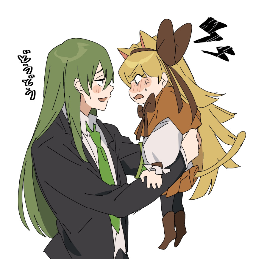 1boy 1girl anger_vein animal_ears blonde_hair bow bowtie brown_bow brown_bowtie brown_capelet brown_hairband brown_skirt capelet carrying carrying_person cat_ears cat_girl cat_tail collared_shirt green_necktie hair_bow hairband highres lobotomy_corporation long_hair long_sleeves looking_to_the_side mu46016419 necktie netzach_(project_moon) project_moon puffy_long_sleeves puffy_sleeves shirt sidelocks simple_background skirt sweat tail tiphereth_a_(project_moon) very_long_hair white_background white_shirt