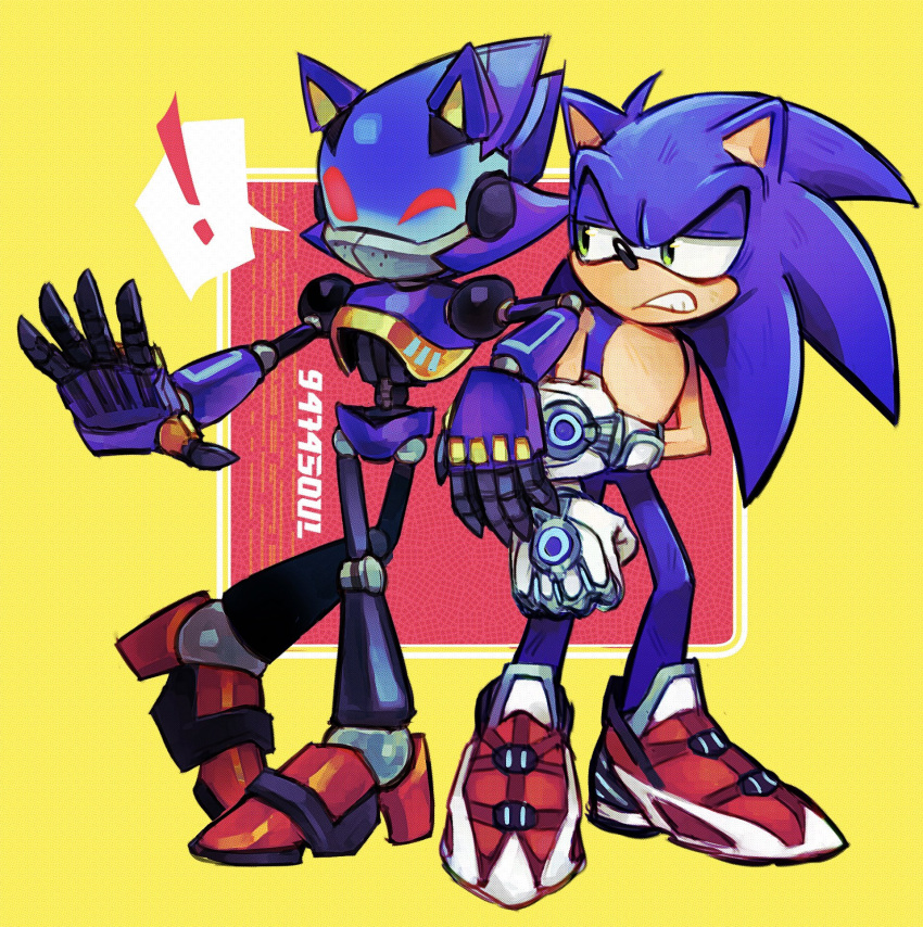 ! 2boys 9474s0ul animal_ears annoyed blue_armor blue_fur blue_light chaos_sonic elbow_on_another's_shoulder fake_animal_ears gloves glowing green_eyes highres joints multiple_boys no_mouth one_eye_closed red_eyes red_footwear robot sonic_(series) sonic_prime sonic_the_hedgehog