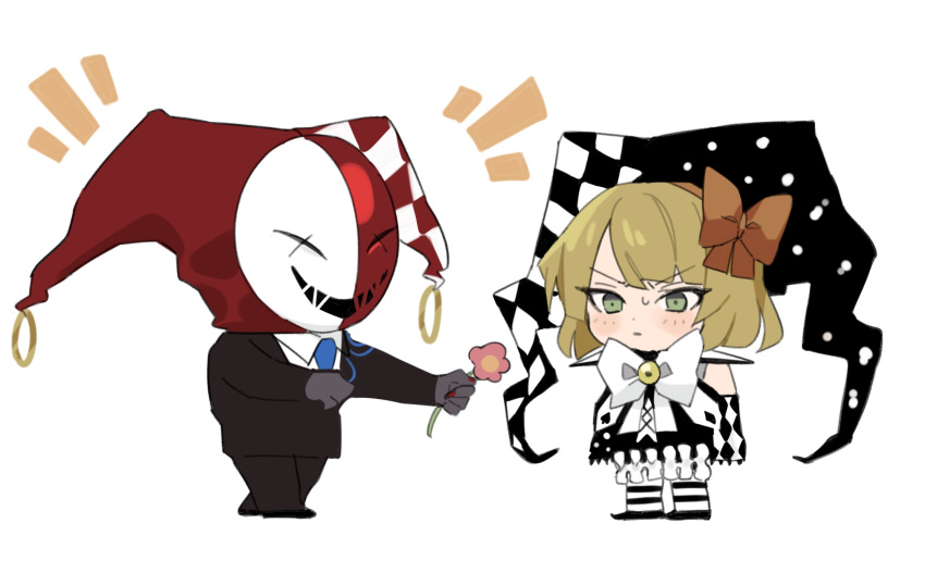 1boy 1girl black_jacket black_pants blonde_hair blue_necktie bow bowtie chibi claws detached_sleeves e.g.o_(project_moon) flower hair_bow hairband hat highres holding holding_flower jacket jester_cap library_of_ruina long_sleeves medium_hair mu46016419 necktie orange_bow orange_hairband oswald_(library_of_ruina) pants project_moon simple_background striped striped_thighhighs the_jester_of_nihil thigh-highs tiphereth_a_(project_moon) white_background white_bow white_bowtie